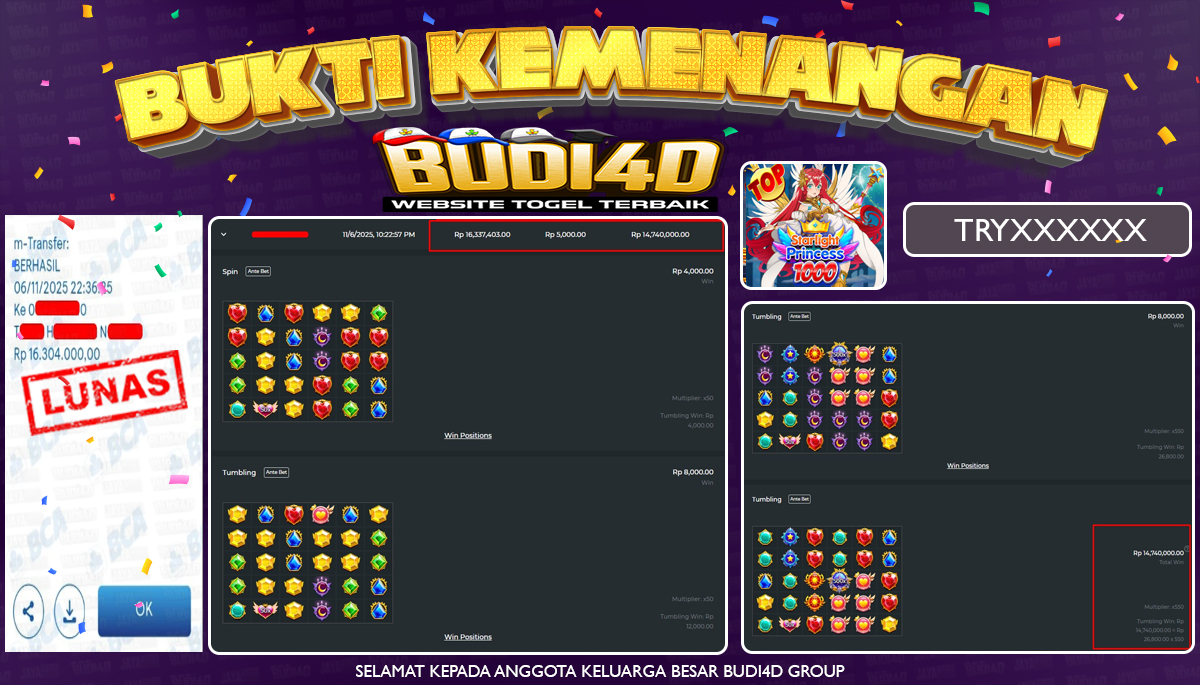 BUDI4D JACKPOT USER ID : TRY**** SLOT PRAGMATIC PLAY ( Starlight Princess 1000 ) Rp.16.304.000,- LUNAS